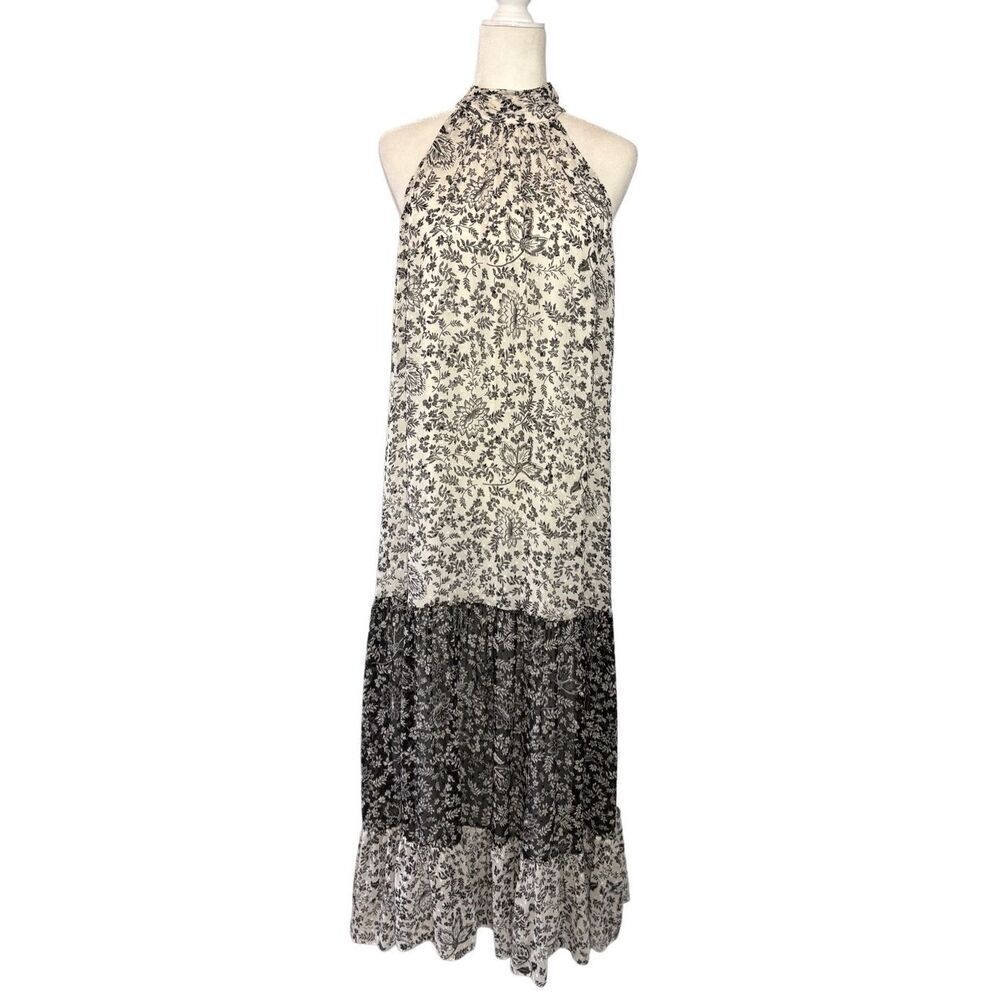 Vince Camuto black and white floral haltered tiered maxi dress - M